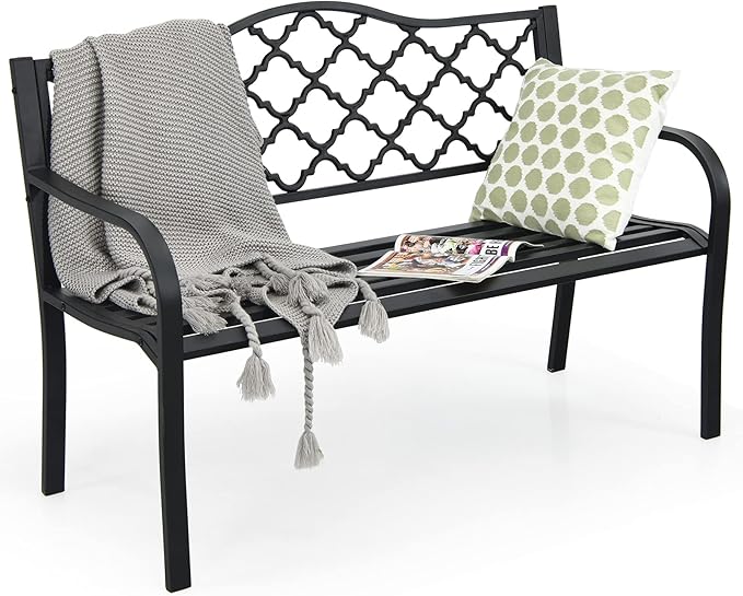 Tangkula Outdoor Steel Garden Bench, Patio Park Bench w/Iron Casted Seat, Armrest & Backrest, Outdoor Welcome Bench Chair Furniture Suitable for Garden Patio Yard