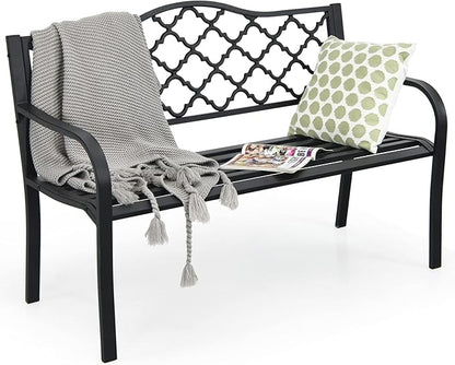 Tangkula Outdoor Steel Garden Bench, Patio Park Bench w/Iron Casted Seat, Armrest & Backrest, Outdoor Welcome Bench Chair Furniture Suitable for Garden Patio Yard