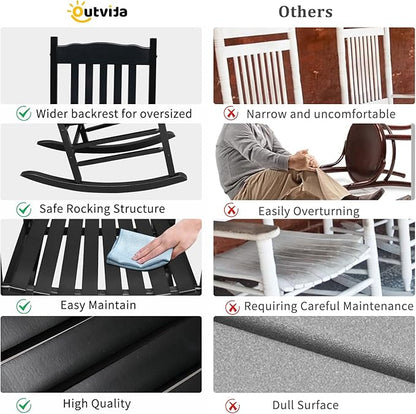 Outvita Outdoor Rocking Chair, Solid Wood High Back Rocker, All Weather Lounge Chair for Porch Patio Fire Pit Garden Backyard Deck Indoor, Wave Shape, Black