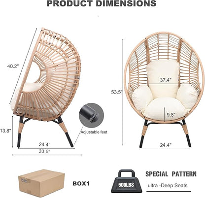 Oversized Wicker Egg Chair, Outdoor Indoor Rattan Patio Egg Lounge Chairs with Cushion 500lbs Capacity for Living Room, Balcony, Backyard (2 PCS, Beige-Regular)