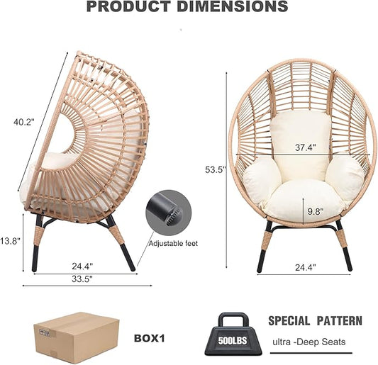 Oversized Wicker Egg Chair, Outdoor Indoor Rattan Patio Egg Lounge Chairs with Cushion 500lbs Capacity for Living Room, Balcony, Backyard (2 PCS, Beige-Regular)