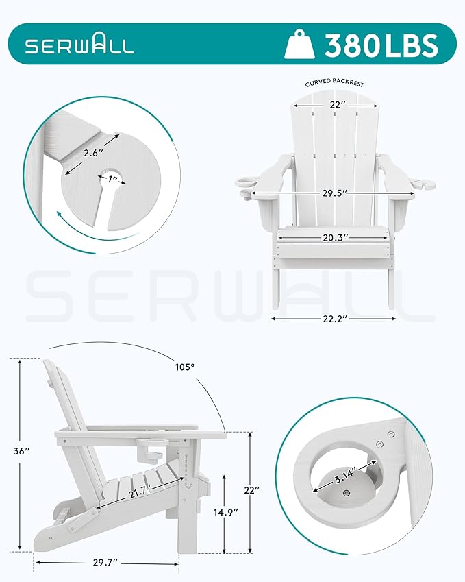 SERWALL Folding Adirondack Chair, Dual Cup Holders & All-Weather HDPE, Wood-Like Patio Chair for Backyard - Photo 3