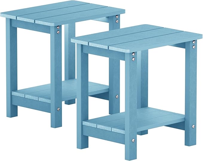 MXIMU Outdoor Side Table for Patio: 16" HIPS Weatherproof Adirondack Table Set of 2 - Small End Tables with Storage for Outside Porch Deck Pool Lawn Garden - 2 Tier Easy Assembly No Maintenance Blue