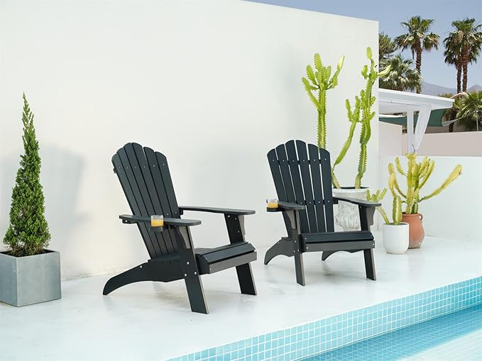 Psilvam Adirondack Chair, Oversized Poly Lumber Fire Pit Chair with Cup Holder, 350Lbs Support Patio Chairs for Garden, Weather Resistant Outdoors Seating, Relaxing Gift for Father & Mother (2, Black)