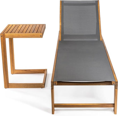 JONATHAN Y LNG1100A-2SET Trabuco Coastal Modern Acacia Wood Mesh 3-Position Outdoor Chaise Lounge Set with Side Table Transitional, Classic, Minimalist, Traditional, Contemporary, Dark Gray/Teak Brown