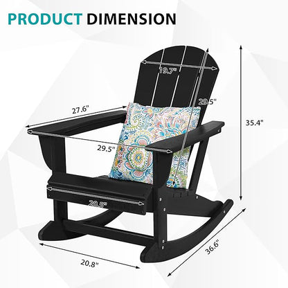 Sundale Outdoor Rocking Chair with Pillow, Patio Plastic All Weather Adirondack Rocker for Proch, Water Resistant for Outside, Garden, Pool, Yard, Black