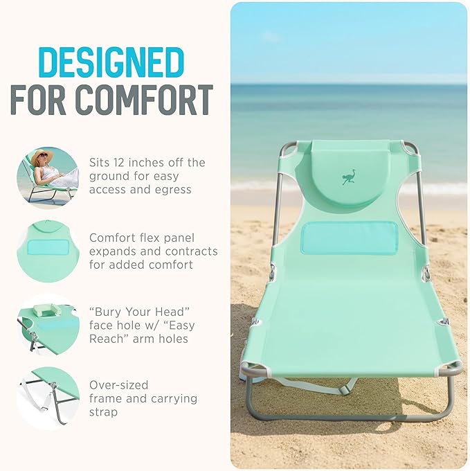 Ostrich the Ladies Comfort Lounger with Chest Support, Foldable and Portable Reclining Outdoor Patio Beach Lawn Camping Pool Tanning Chair, Teal