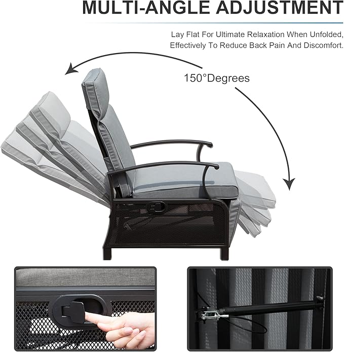 Domi Adjustable Patio Recliner Chair Metal Outdoor Lounge Chair with Flip Table Push Back, Adjustable Angle, Removable Cushions, Support 350lbs, Gray