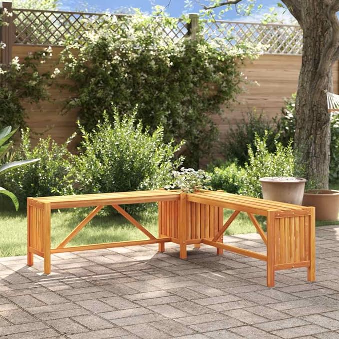 Garden Bench Solid Acacia Wood 46.1"x46.1"x15.7" Crescent Outdoor Seating with Built-in Planter Modern Rustic Brown for Patio Porch Deck