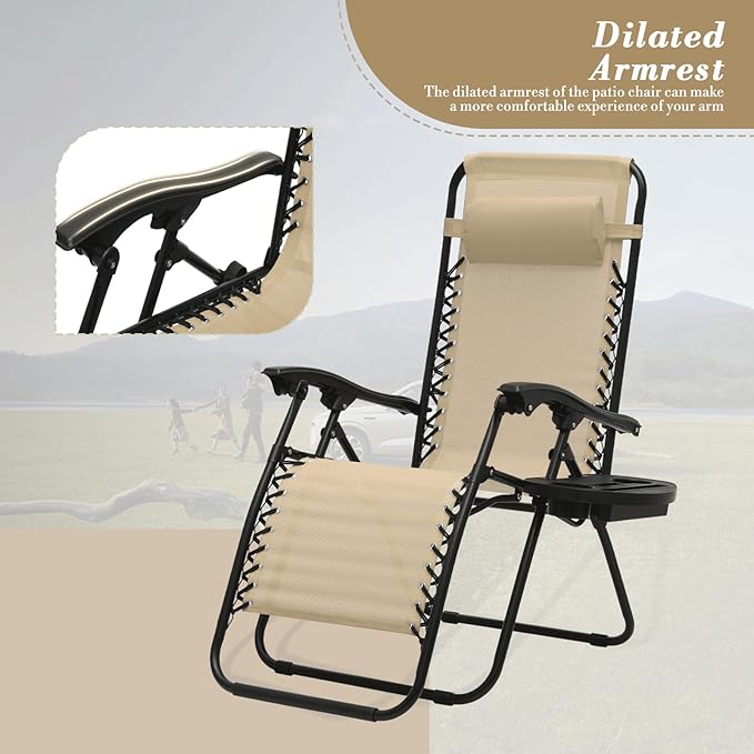 Athena Collection Zero Gravity Outdoor Lounge Chair Set of 2 with Side Table, 25" Width Pool Lounge Lawn Chairs Reclining with Cup Holder, Outdoor Chaise for Beach Patio Backyard Outside, Beige