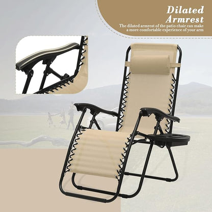 Athena Collection Zero Gravity Outdoor Lounge Chair Set of 2 with Side Table, 25" Width Pool Lounge Lawn Chairs Reclining with Cup Holder, Outdoor Chaise for Beach Patio Backyard Outside, Beige