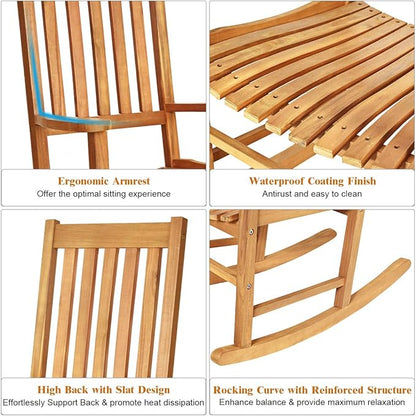 Tangkula Acacia Wood Porch Rocking Chair Set, Wooden Rocking Chair Rocker with High Back & Armrest for Indoor Outdoor Use, Patio Rocker for Garden Lawn Balcony Backyard Poolside (2, Teak)