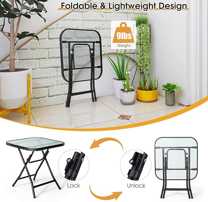 Giantex Folding Side Table, Square Small Patio Table, Tempered Glass Tabletop, Steel Frame, Weather-Resistant Outdoor Indoor Use for Bistro Porch Garden Balcony 18"x18"x18.5"