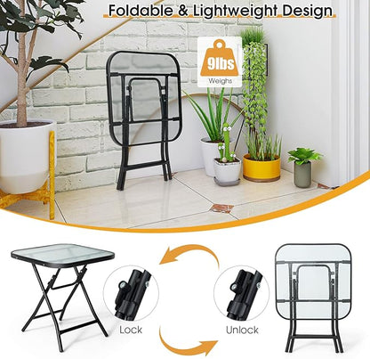 Giantex Folding Side Table, Square Small Patio Table, Tempered Glass Tabletop, Steel Frame, Weather-Resistant Outdoor Indoor Use for Bistro Porch Garden Balcony 18"x18"x18.5"