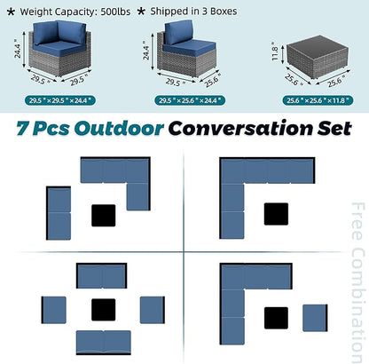 SUNLEI 7pcs Patio Conversation Sets Outdoor Furniture Sets, High Back All-Weather Rattan Sectional Sofa with Tea Table&Washable Couch Cushions(Silver Rattan) (Aegean Blue)