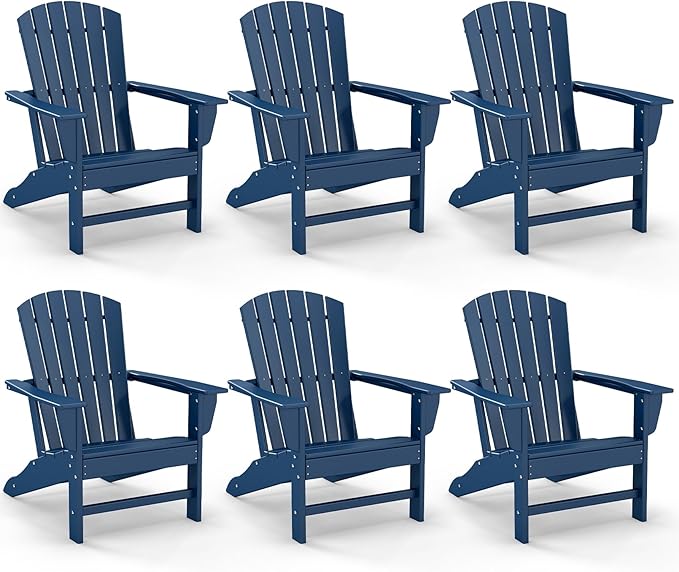 GREENVINES Adirondack Chairs Set of 6 | HDPE Plastic | All Weather | Oversized Fire Pit Chair | Blue | Poly Lumber | for Outdoor Deck Backyard Patio Garden