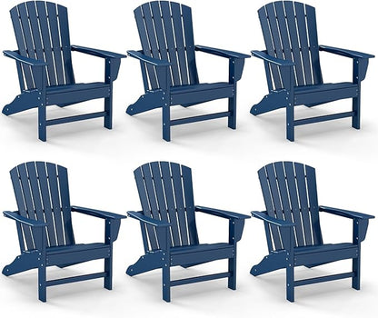 GREENVINES Adirondack Chairs Set of 6 | HDPE Plastic | All Weather | Oversized Fire Pit Chair | Blue | Poly Lumber | for Outdoor Deck Backyard Patio Garden