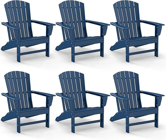 GREENVINES Adirondack Chairs Set of 6 | HDPE Plastic | All Weather | Oversized Fire Pit Chair | Blue | Poly Lumber | for Outdoor Deck Backyard Patio Garden