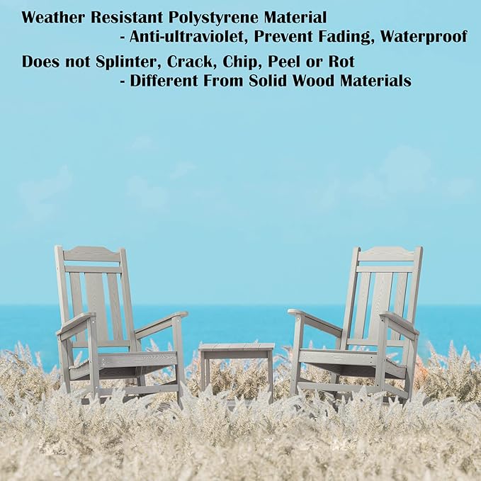 Outdoor Rocking Chairs Set of 2, HIPS All-Weather Resistant Patio Rocker Chair for Adults, Easy Assembly for Porch, Backyard, Lawn, Garden (Grey)