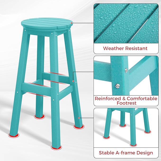 Costaelm 29" Height Outdoor Bar Stools, All-Weather Bar Stools, Adirondack Poly Patio Round Bar Stool for Patio, Deck, Kitchen Counter and Garden, Turquoise