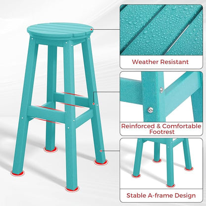 Costaelm 29" Height Outdoor Bar Stools, All-Weather Bar Stools, Adirondack Poly Patio Round Bar Stool for Patio, Deck, Kitchen Counter and Garden, Turquoise