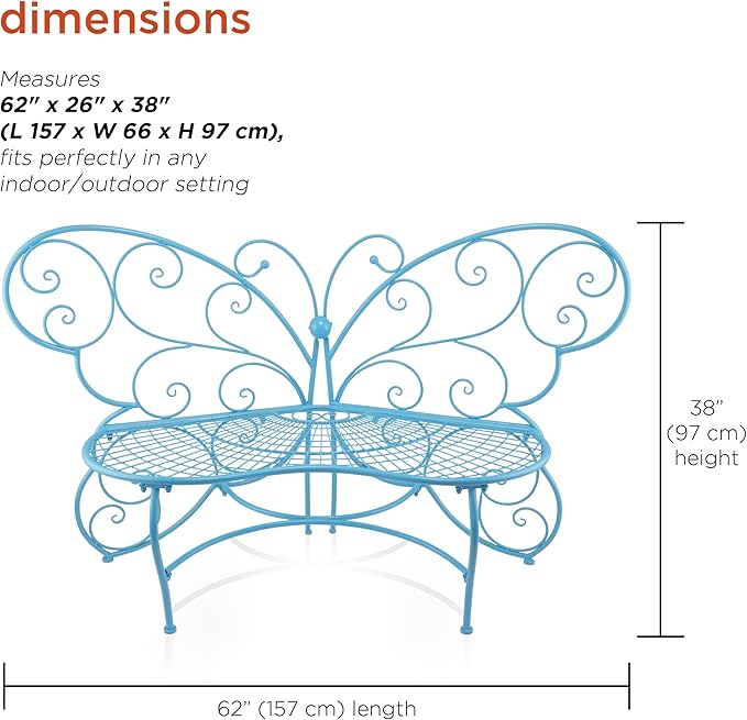 Alpine Corporation BAZ400BL Indoor Outdoor Metal Butterfly Shaped Garden Bench, 62" Long, Blue - Photo 3