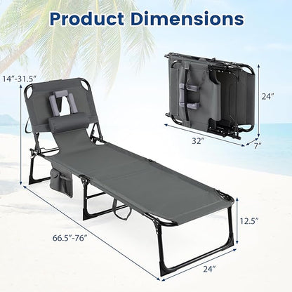 Giantex Face Down Tanning Chair, Folding Beach Lounge Chair w/ 4-Position Adjustable Backrest, Outdoor Sunbathing Lounge Chair w/Face Arm Holes & Storage Pocket for Patio Deck Poolside (1, Gray)