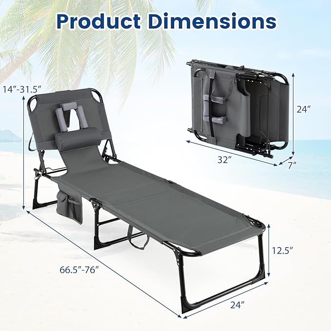 COSTWAY Folding Beach Lounge Chair, Tanning Chair with Face Hole, 5-Position Adjustable Backrest, Pillow & Side Pocket, Foldable Chaise Lounge Chair Outdoor for Sunbathing, Camping (1, Grey)
