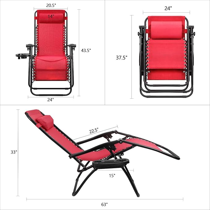 Devoko Patio Zero Gravity Chair Outdoor Folding Adjustable Reclining Chairs Pool Side Using Lawn Lounge Chair with Pillow Set of 2 (Red)