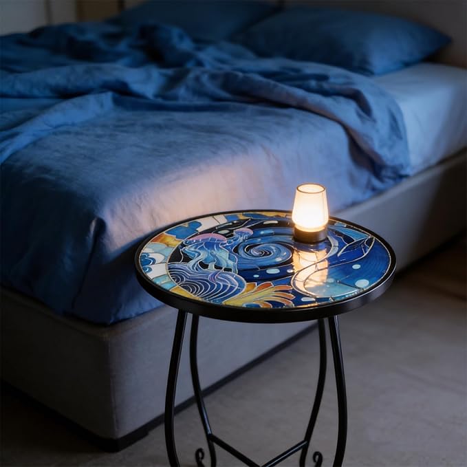 15 Inch Jellyfish Mosaic Side Tables (Set of 2) - Small Outdoor Round Folding Tables with Weather-Resistant Metal Frame - Photo 4