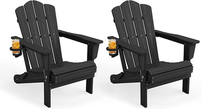 KINGYES Folding Adirondack Chair Set of 2, HDPE All-Weather Patio Chairs with Cup Holder, Wooden Textured Fire Pit Chairs for Poolside, Backyard, Deck, Black