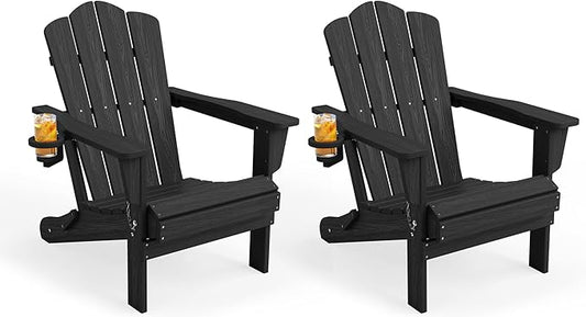 KINGYES Folding Adirondack Chair Set of 2, HDPE All-Weather Patio Chairs with Cup Holder, Wooden Textured Fire Pit Chairs for Poolside, Backyard, Deck, Black