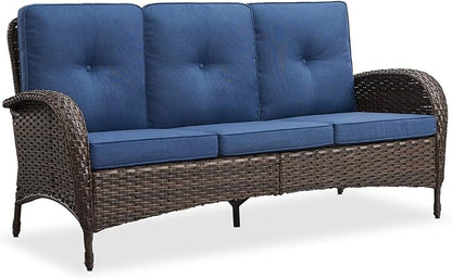 Belord Outdoor Patio Furniture - Wicker Sofa with Removable Cushion, 3 Seater Rattan Couch with Deep Seat, High Backrest, All-Weather for Balcony, Deck, Backyard, Brown/Blue