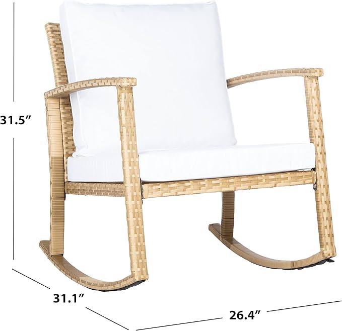 SAFAVIEH Outdoor Collection Daire Woven Natural/White Cushion Rocking Chair for Patio Porch Backyard Sunroom