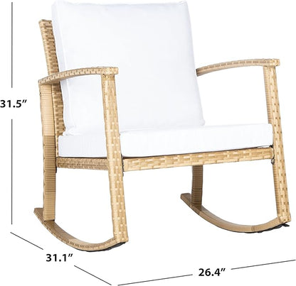 SAFAVIEH Outdoor Collection Daire Woven Natural/White Cushion Rocking Chair for Patio Porch Backyard Sunroom