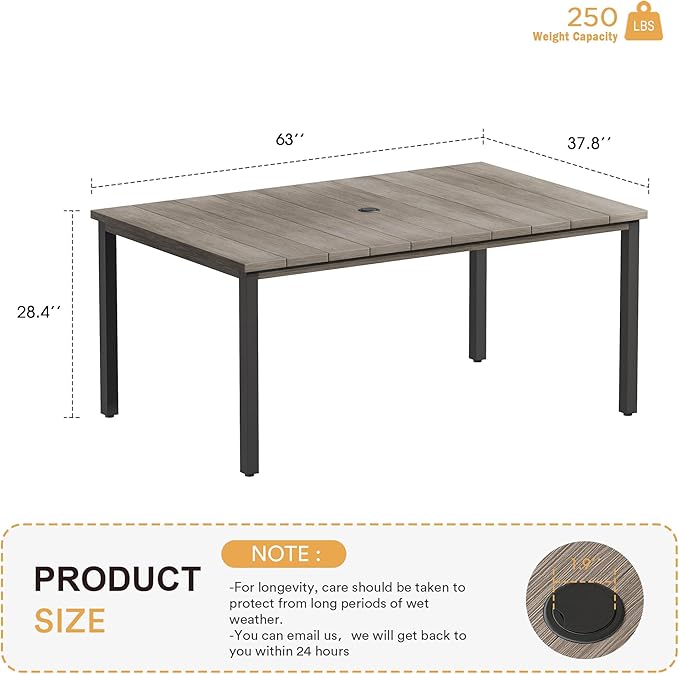 VICLLAX 63" Rectangle Outdoor Dining Table for 6, Patio Table with Umbrella Hole, All Weather Metal Patio Tables, Light Gray Tabletop