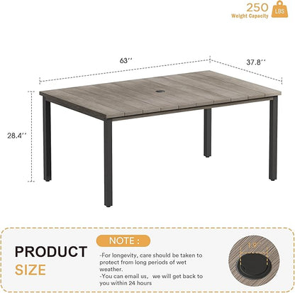 VICLLAX 63" Rectangle Outdoor Dining Table for 6, Patio Table with Umbrella Hole, All Weather Metal Patio Tables, Light Gray Tabletop