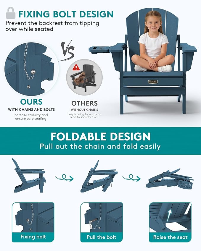 SERWALL Folding Adirondack Chair, Patio Adirondack Chairs with 4 in 1 Cup Holder, Weather Resistant Patio Chair - Photo 4