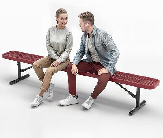 Heavy-Duty Outdoor Metal Bench, Thermoplastic-Coated, Portable, Weatherproof, Commercial-Grade for Parks, Gardens, Patios, Stores & More (8 Ft - Portable, Red)