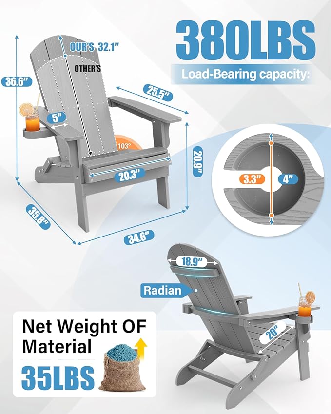 YEFU Adirondack Chair Set of 2, Folding Oversized Plastic Adirondack Chair with Cup Holder, Lawn Chair with Weather Resistant for Outdoor Deck Garden, Weight Capacity Up to 400 Lbs–Grey