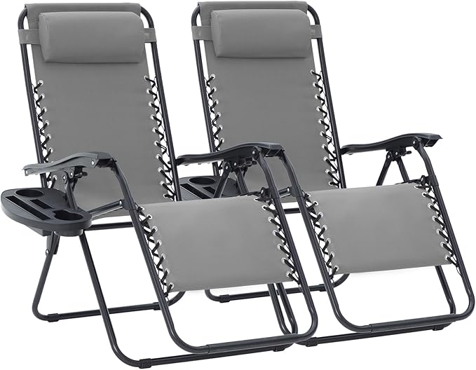 JEAREY Oversized Zero Gravity Lounge Chairs Set of 2, Adjustable Steel Mesh Recliners with Pillows and Cup Holder Trays for Patio, Garden, Beach, Light Grey