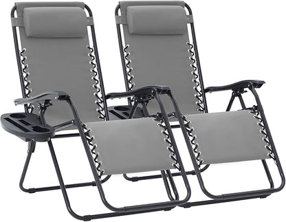 JEAREY Oversized Zero Gravity Lounge Chairs Set of 2, Adjustable Steel Mesh Recliners with Pillows and Cup Holder Trays for Patio, Garden, Beach, Light Grey