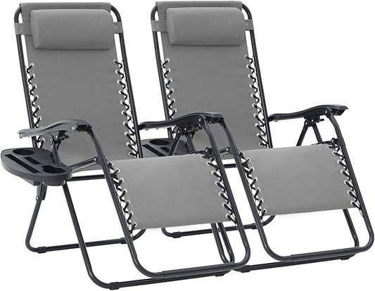 JEAREY Oversized Zero Gravity Lounge Chairs Set of 2, Adjustable Steel Mesh Recliners with Pillows and Cup Holder Trays for Patio, Garden, Beach, Light Grey