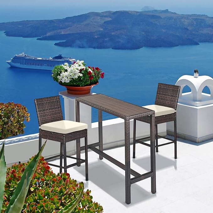 Outdoor Bar Table Patio Counter Height Table 45" Long Wicker High Top Pub Table Tall Console Table Rectangle Narrow with Adjustable Feet for Hot Tub Balcony Garden Outside Pool Deck Backyard Brown