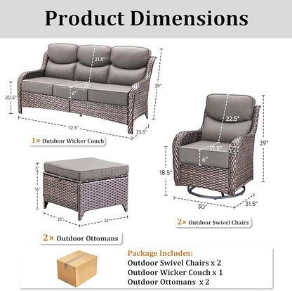 Luxury High Back Patio Furniture Set with 6-Inch Thick Cushions, 5-Pieces Outdoor Furniture with Swivel Chairs, Wicker Conversation Set for Porch, Balcony, Deck and Yard, Brown/Grey