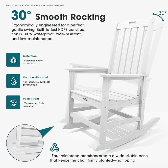Oversized Rocking Chair, Outdoor Rocking Chair for Adults, All Weather Resistant Porch Rocker for Lawn Garden, White