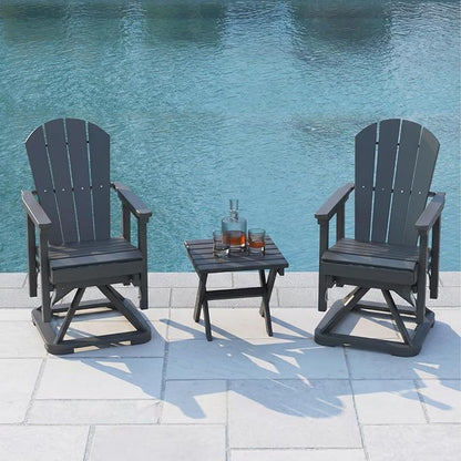 HDPE Swivel Glider Chair Set of 2 with Folding Side Table, Wooden Textured Adirondack Outdoor Swivel Chairs for Porch, Balcony, Poolside, Backyard (Grey)
