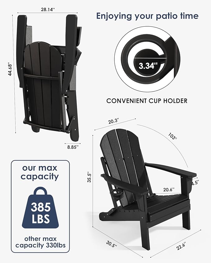 diromoti Folding Adirondack Chairs Set, All-Weather Resistant HDPE Patio Firepit Chairs, Sturdy Outside Chairs with Cup Holder, Lawn Chairs, 80% Pre-Installed Load Capacity 385lb, Black