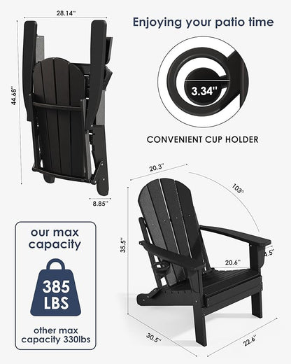 diromoti Folding Adirondack Chairs Set, All-Weather Resistant HDPE Patio Firepit Chairs, Sturdy Outside Chairs with Cup Holder, Lawn Chairs, 80% Pre-Installed Load Capacity 385lb, Black