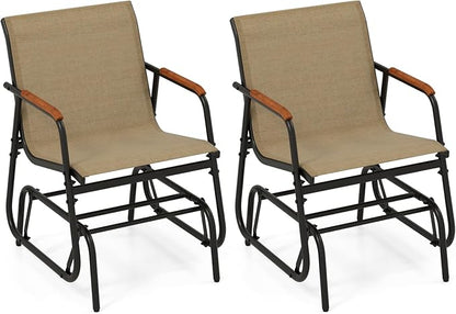 Tangkula Patio Glider Chair, Swing Gliding Armchair w/Curved Teak Armrests & Breathable Fabric Seat, Outdoor Metal Frame Rocking Chair Set for Porch, Backyard, Poolside (2 Pack)